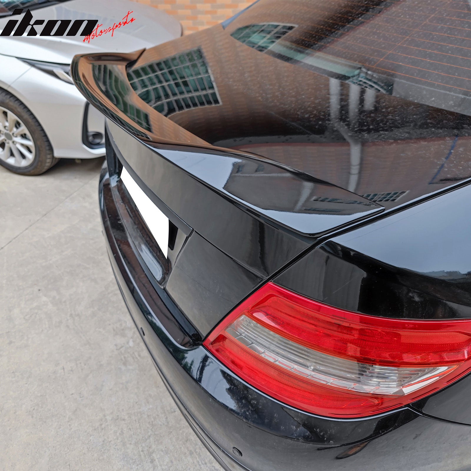 IKON MOTORSPORTS, Trunk Spoiler Compatible with 2008-2014 Mercedes-Benz W204 C-Class Sedan 4-Door, R Style Gloss Black ABS Plastic Rear Trunk Lid Spoiler Wing Lip