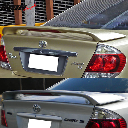 Trunk Spoiler Compatible With 2002-2006 Toyota Camry, Factory Style ABS Unpainted Black With Brake Light Trunk Boot Lip Spoiler Wing Deck Lid By IKON MOTORSPORTS, 2003 2004 2005