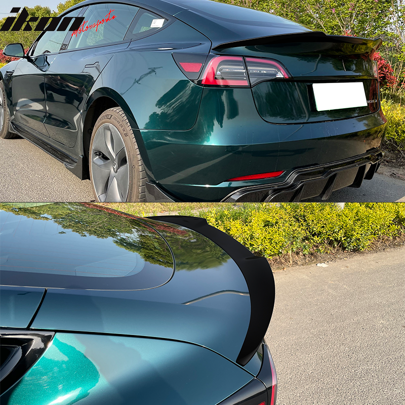IKON MOTORSPORTS, Trunk Spoiler Compatible with 2017-2023 Tesla Model 3, Rear Trunk Spoiler Wing Lip Added on Bodykit Replacement ABS Plastic IKON Style, 2020 2021