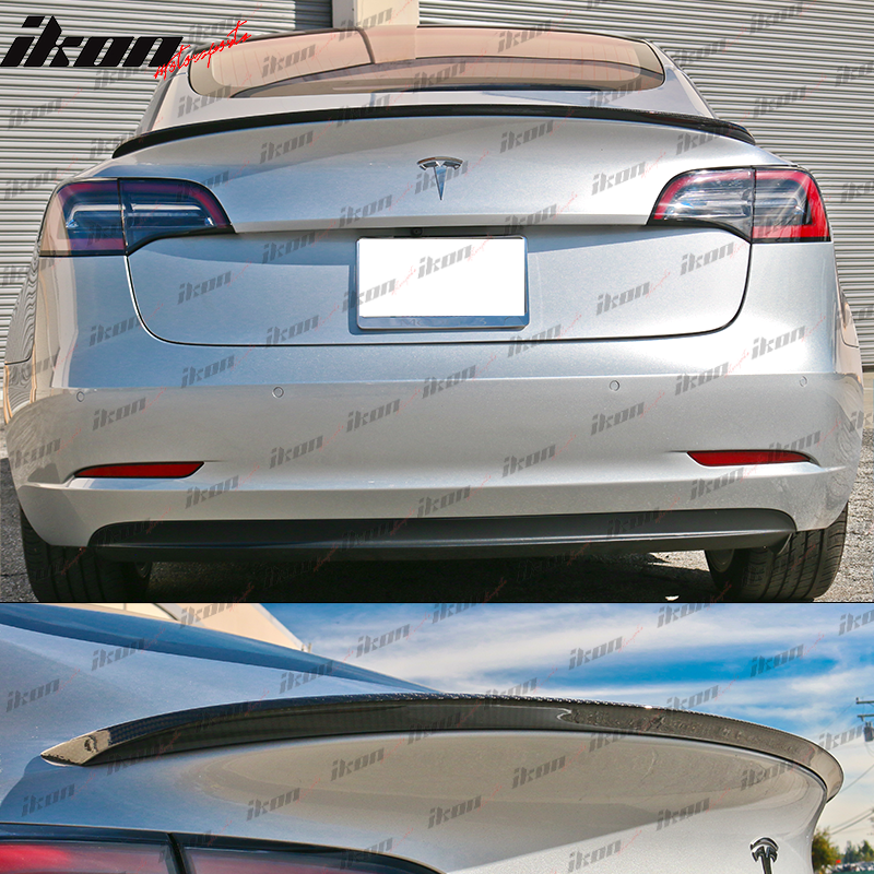 IKON MOTORSPORTS, Trunk Spoiler Compatible With 2017-2023 Tesla Model 3, IKON Style Rear Trunk Spoiler Wing CF Carbon Fiber, 2018, 2019, 2020, 2021