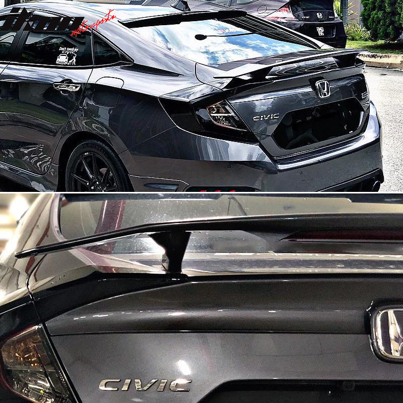 Compatible With 2016-2021 Honda Civic Sedan 4Dr Trunk Spoiler Si Sport Wing & LED - Glossy Black ABS