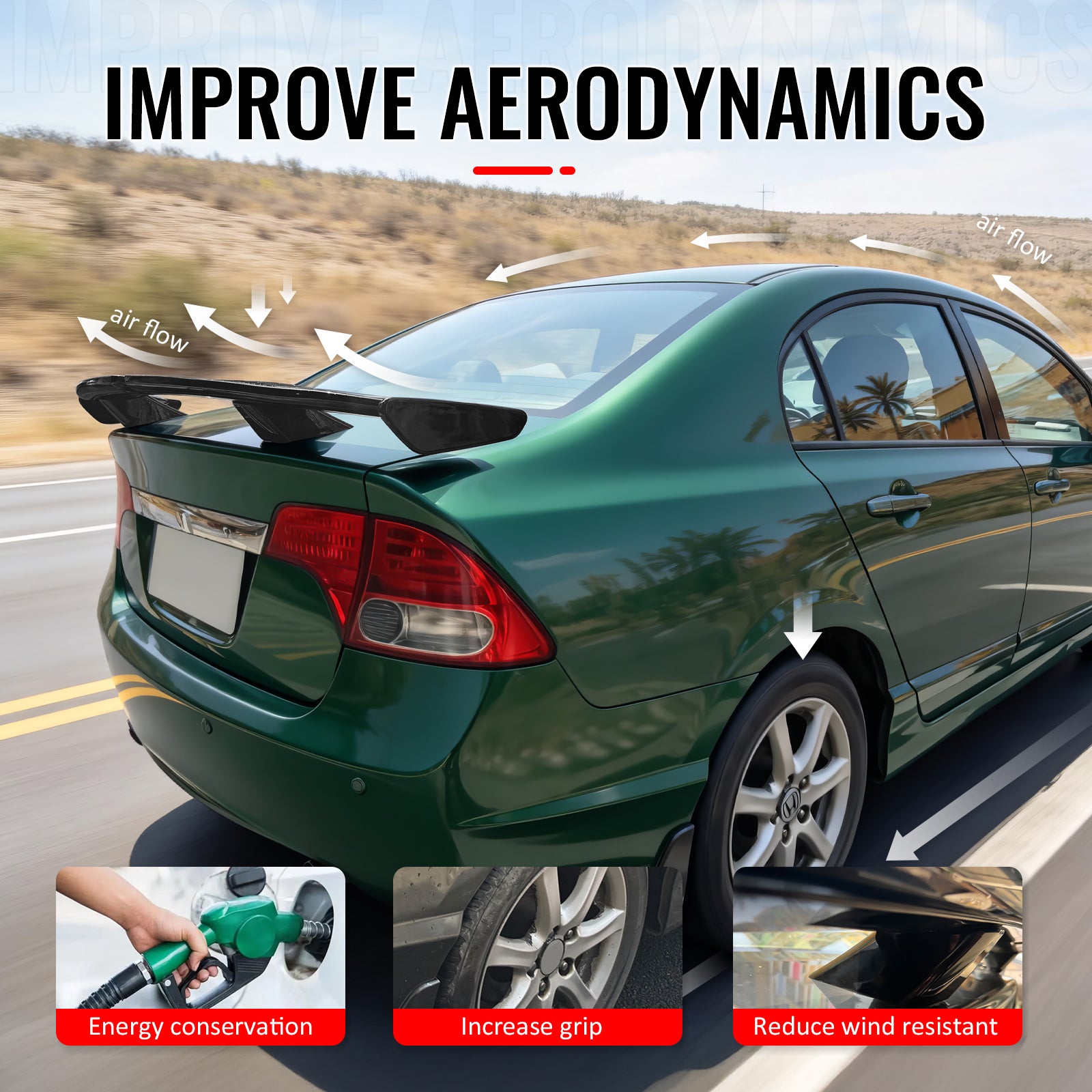 Fits 06-11 Honda Civic 4DR 54" PRO Style Rear Trunk Spoiler Wing Gloss Black ABS