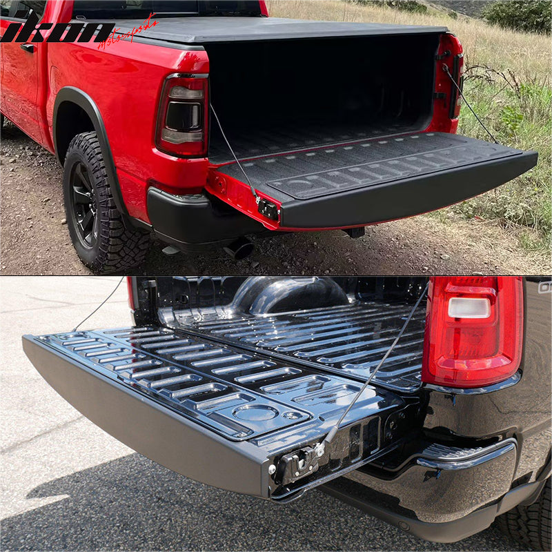 IKON MOTORSPORTS, Tailgate Protector Compatible with 2019-2025 Ram 1500, PP Matte Black Tailgate Cover Moulding Cap Trim Truck Spoiler Wing Top Upper Cap Protector