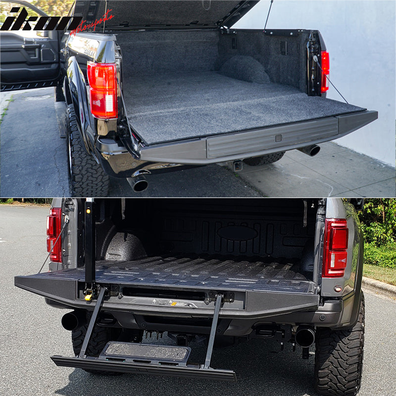 IKON MOTORSPORTS, Tailgate Protector Compatible with 2015-2020 Ford F-150 With Flex Step Tailgate, PP Matte Black Tailgate Cover Moulding Cap Trim Protector 3PCS