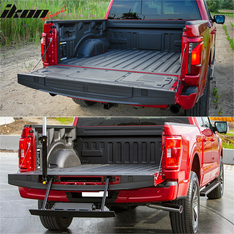 IKON MOTORSPORTS, Tailgate Protector Compatible with 2021-2024 Ford F-150 & F-150 Lightning With Flex Step Tailgate, PP Matte Black Tailgate Cover Moulding Cap Trim Protector