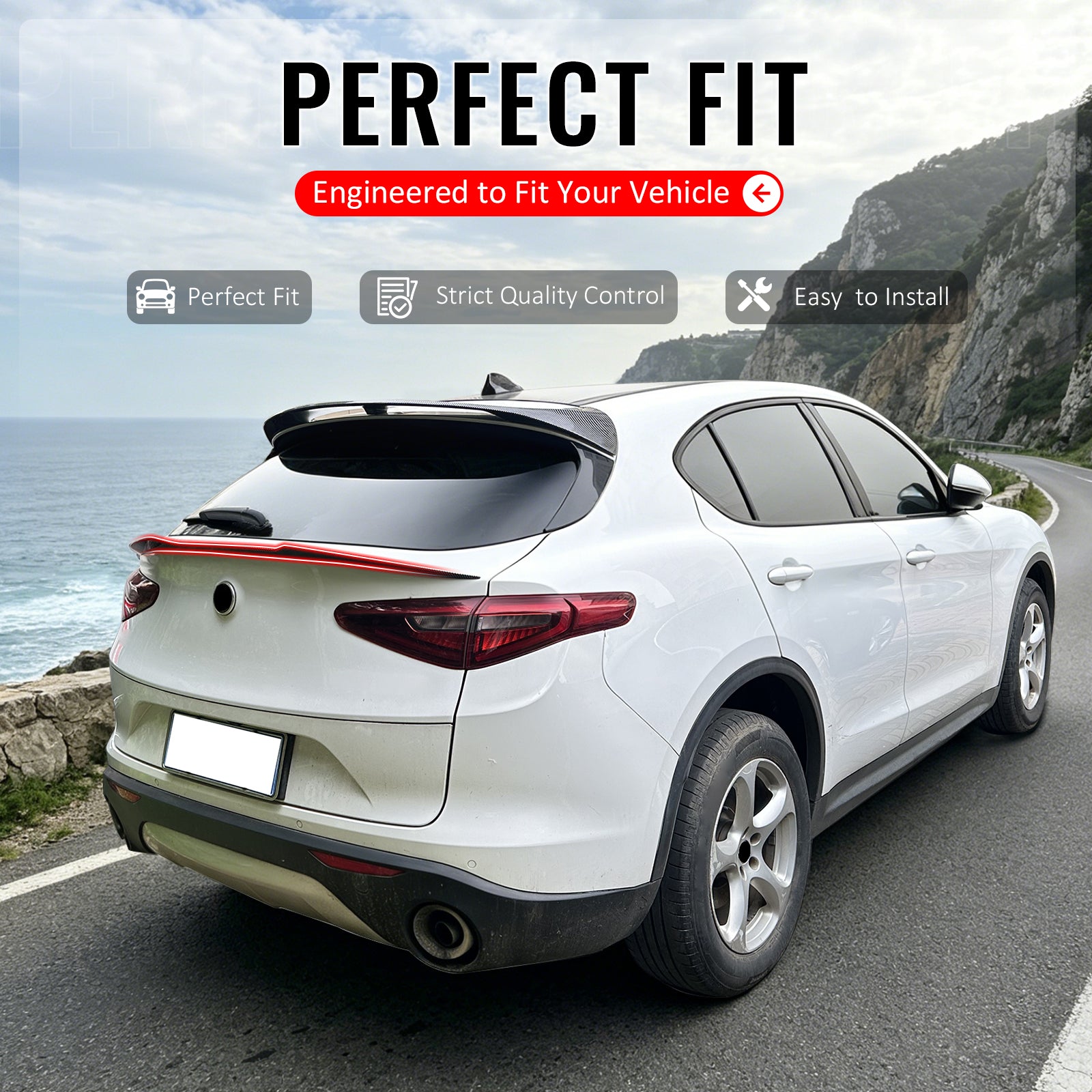 IKON MOTORSPORTS, Trunk Middle Spoiler Compatible with 2017-2026 Alfa Romeo Stelvio, V Style Carbon Fiber Print ABS Rear Trunk Lid Spoiler Wing Lip