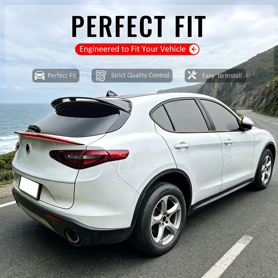 IKON MOTORSPORTS, Trunk Middle Spoiler Compatible with 2017-2026 Alfa Romeo Stelvio, V Style Gloss Black ABS Rear Trunk Lid Spoiler Wing Lip