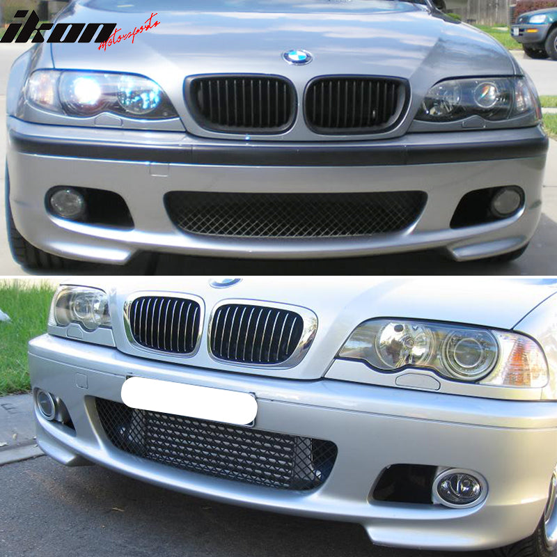 Front Bumper Compatible With 2000-2006 BMW E46 3 Series, Polypropylene PP Unpainted Black Cover Guard Protection Conversion Factory Replacement Exterior by IKON MOTORSPORTS, 2001 2002 2003 2004 2005