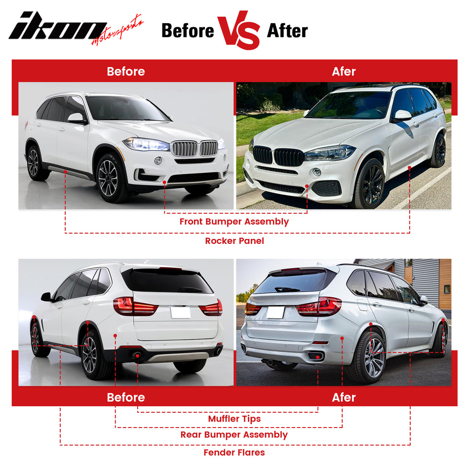 Full Bodykit Conversion Compatible With 2014-2018 BMW F15 X5, Unpainted Black PP Polypropylene M Sport Style Front Rear Bumper Side Skirts Fender Flares Grille Grill by IKON MOTORSPORTS