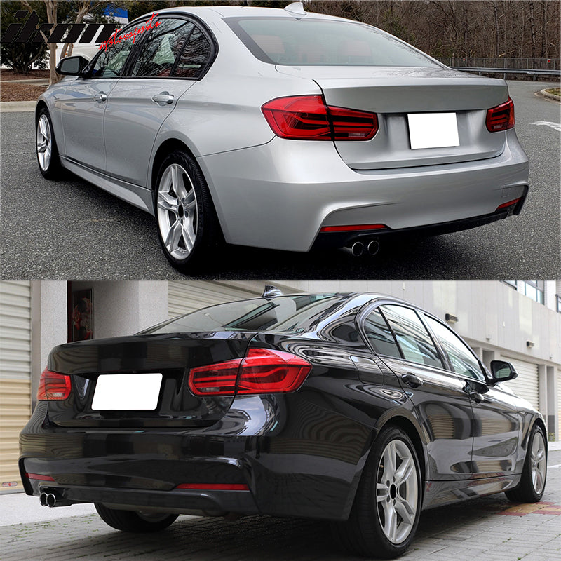 IKON MOTORSPORTS, Rear Bumper Cover Compatible With 2012-2018 BMW F30 3 Series Sedan, Unpainted M-Tech Style Rear Bumper Conversion 328i Dual Muffler Single Outlet Diffuser No PDC Sensor Holes