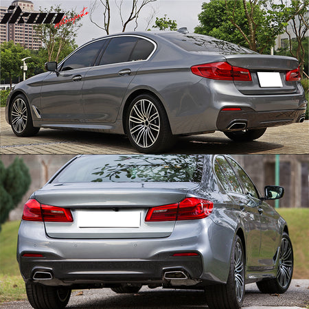 IKON MOTORSPORTS, Rear Bumper Cover Compatible With 2017-2020 BMW G30 5 Series Sedan, Unpainted M-Tech Style Rear Bumper Conversion Single Muffler Twin Outlet W/ PDC Park Distance Control Sensor Hole