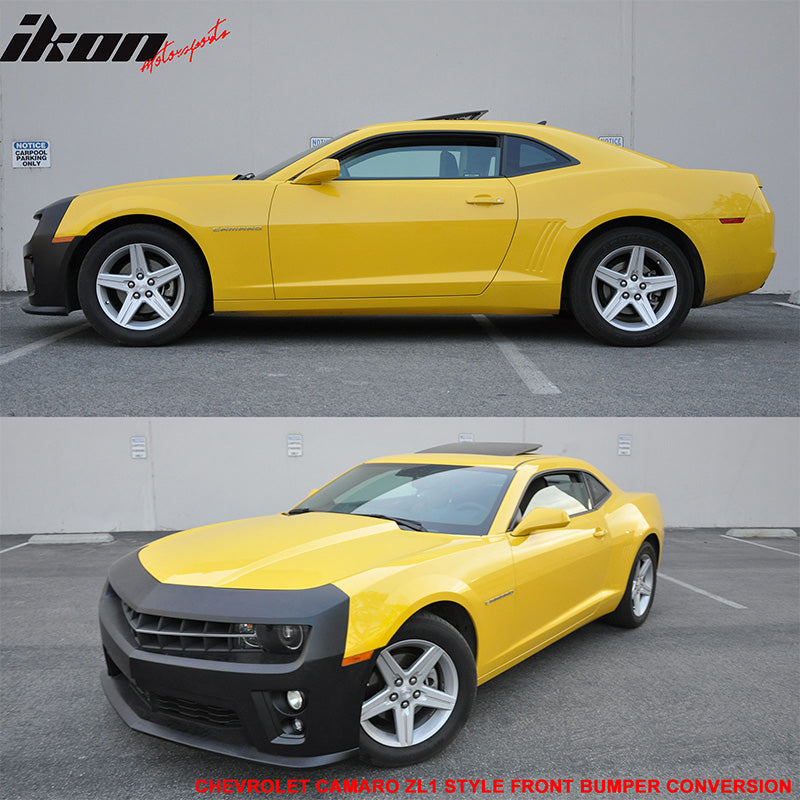 Front Bumper Cover Compatible With 2010-2013 Chevy Camaro, Front Bumper Coversion Replacement Unpainted Black With Daytime Running Light PP by IKON MOTORSPORTS, 2011 2012