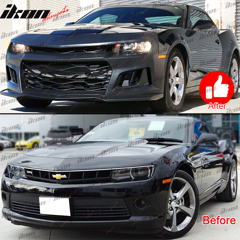 IKON MOTORSPORTS Front Bumper Compatible With 2014-2015 Chevy Camaro, ZL1 Style Black PP Cover with Grille + Bottom Lip + Air Duct + Under Body Panel