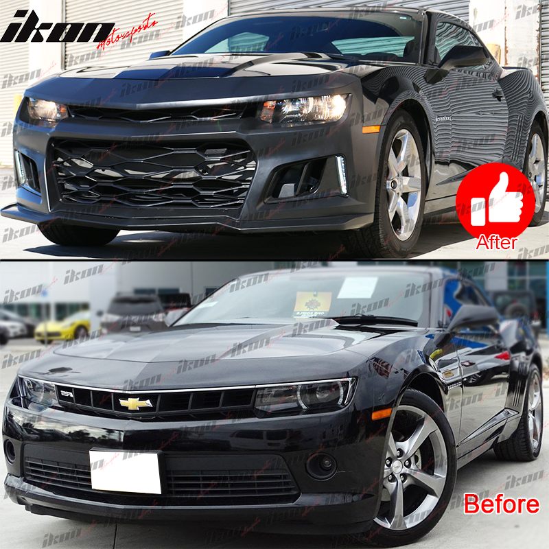 Front Bumper Cover & Fog Lights Compatible With 2014-2015 Chevy Camaro, ZL1 Style Black PP Front Lip Spoiler Bumper Replacement by IKON MOTORSPORTS