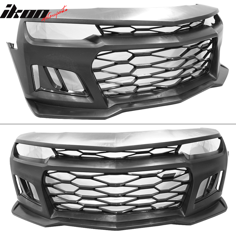 IKON MOTORSPORTS, Front Bumper Cover w/ Black Headlights Foglights Compatible With 2010-2013 Chevy Camaro, ZL1 Style 5th to 6th Gen PP Conversion Bodykit Front Lip Spoiler Bumper Replacement
