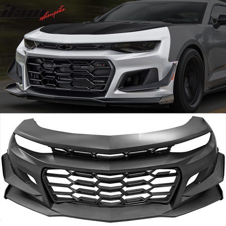 IKON MOTORSPORTS, Front Rear Bumper Compatible With 2016-2024 Chevrolet Camaro, 1LE Style Front Cover w/ Grille & Factory Style Rear Diffuser w/Muffer Tips