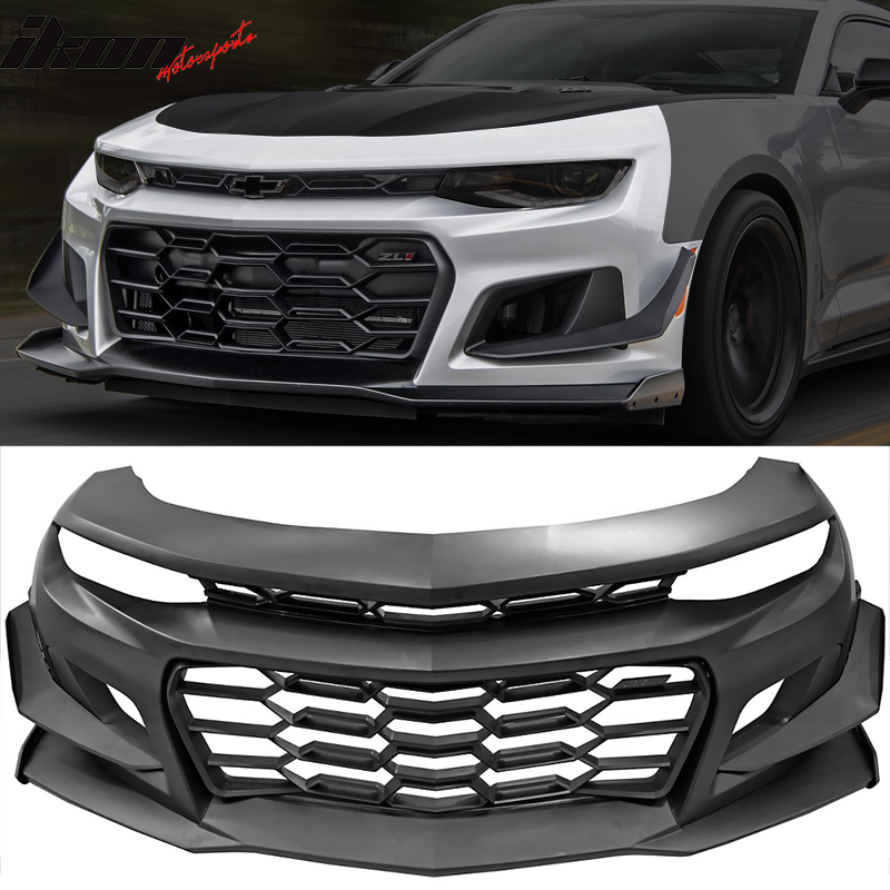 IKON MOTORSPORTS, Front Rear Bumper Compatible With 2016-2023 Chevrolet Camaro, 1LE Style Front Cover w/ Grille & Factory Style Rear Diffuser w/Muffer Tips