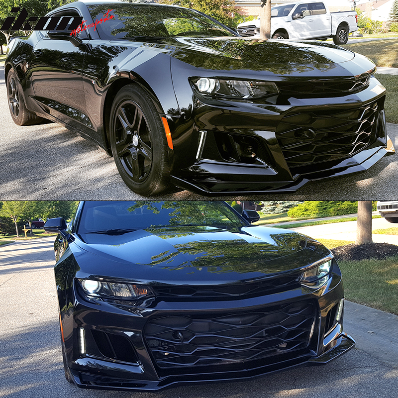 Front Bumper + DRL Fog Lights Compatible With 2016-2018 Chevrolet Camaro LT,  2017-2018 Chevrolet Camaro LS, ZL1 Style Black PP Cover Conversion Lip Grille Bodykit Replacement by IKON MOTORSPORTS