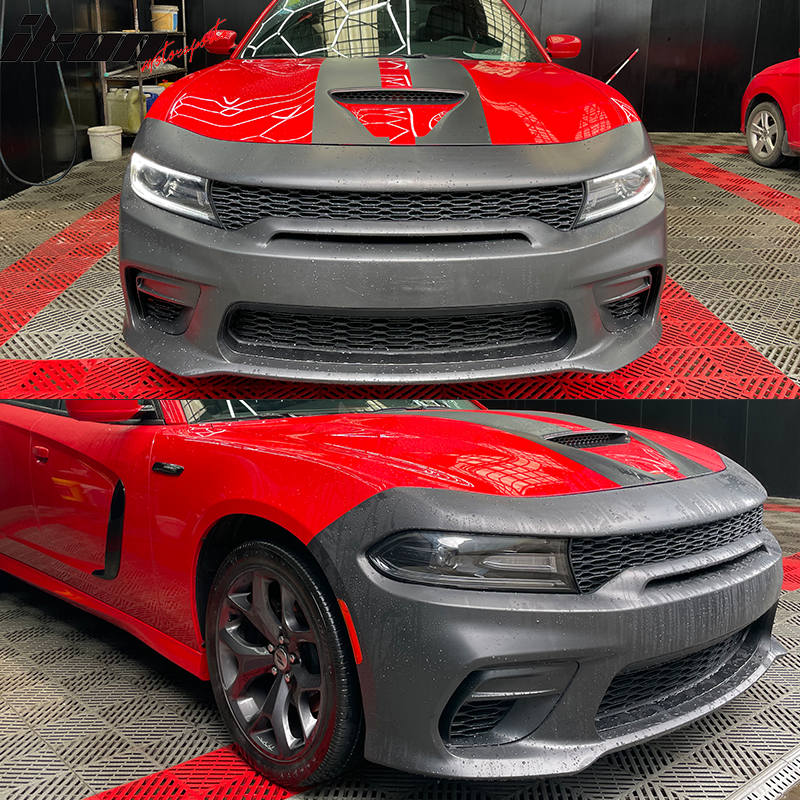 IKON MOTORSPORTS, Front Bumper Package Compatible With 2015-2023 Dodge Charger, Widebody Style Front Bumper Cover & Upper Grille & Lower Grille & Fog light Cover