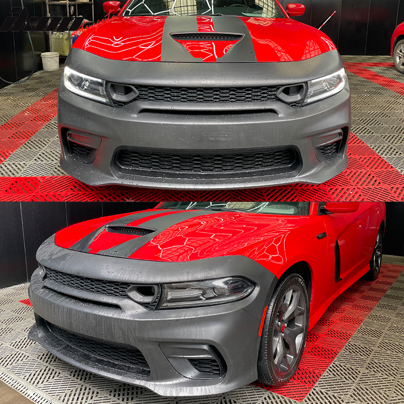 IKON MOTORSPORTS, Front Bumper Package Compatible With 2015-2023 Dodge Charger, Widebody Style Front Bumper Cover & SRT Style Upper Grille & Lower Grille & Fog light Cover