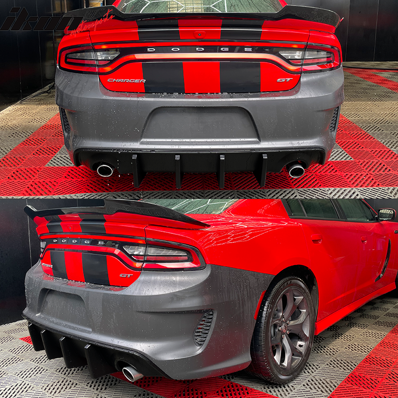 IKON MOTORSPORTS, Rear Bumper Compatible With 2015-2023 Dodge Charger, Widebody Style Rear Bumper & IKON Style Gloss Black Diffuser