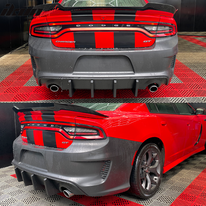 IKON MOTORSPORTS, Rear Bumper Compatible With 2015-2023 Dodge Charger, Widebody Style Rear Bumper & IKON Style Matte Black Diffuser