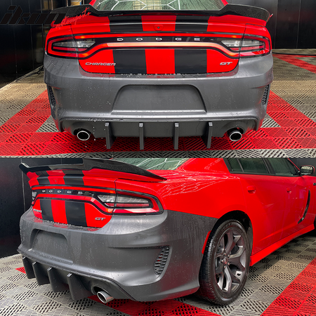 IKON MOTORSPORTS, Rear Bumper Compatible With 2015-2023 Dodge Charger, Widebody Style Rear Bumper & IKON Style Matte Black Diffuser