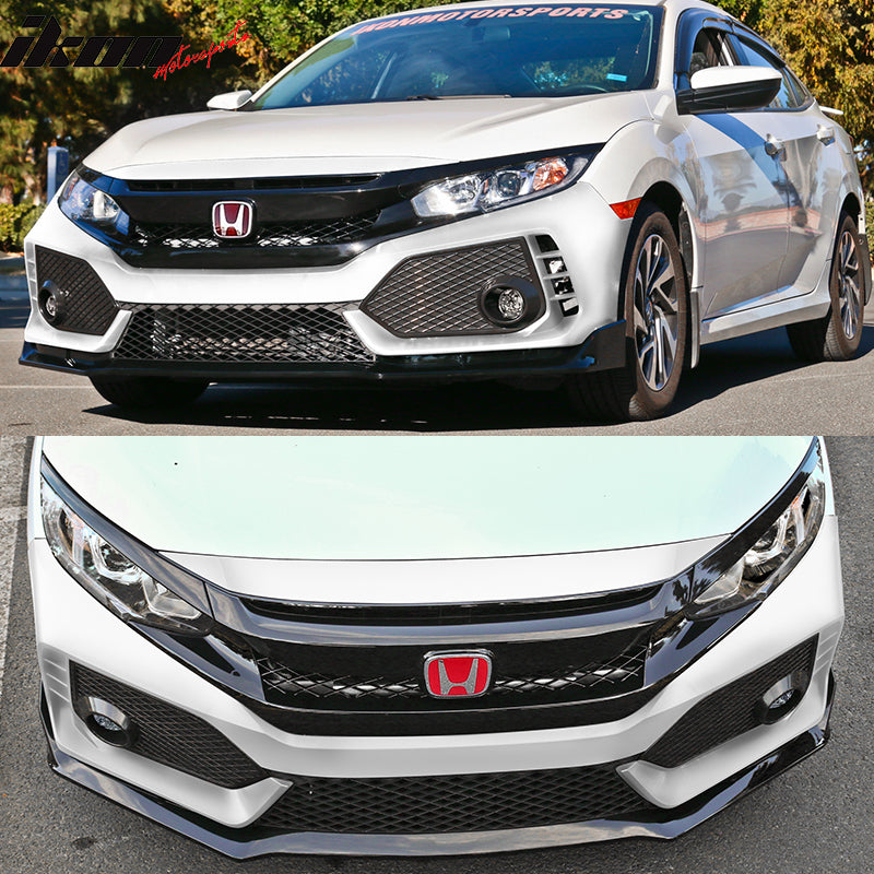 IKON MOTORSPORTS Front Bumper + Lip+ Grille Compatible With 2016-2021 Honda Civic, TR Black PP Injection & ABS 10th Gen Hood Protection