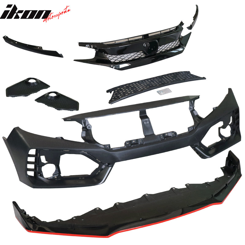 Fits 16-21 Honda Civic Type-R Style Painted Front Bumper w/ Lip Gloss Black Red