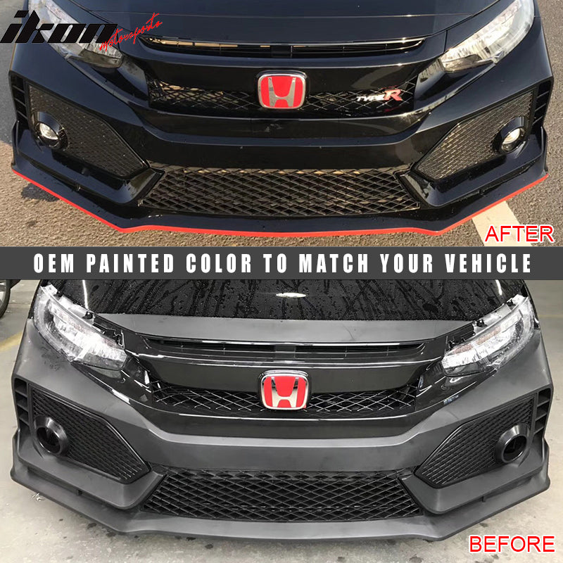 IKON MOTORSPORTS Prepainted Front Bumper + Grille Compatible With 2016-2021 Honda Civic, TR Black PP Injection & ABS Hood Bull Protection Boykits