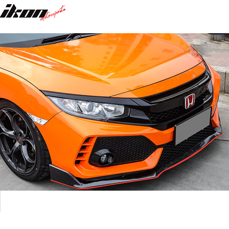 IKON MOTORSPORTS Front Bumper + Lip+ Grille Compatible With 2016-2021 Honda Civic, TR Black PP Injection & ABS 10th Gen Hood Bull Protection Boykits