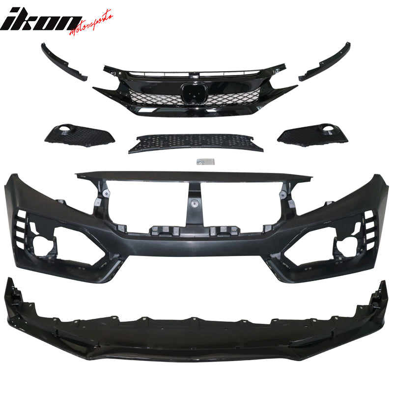 Fits 16-18 Honda Civic Type-R Front Bumper Cover & Lip Gloss Black & DRL Light