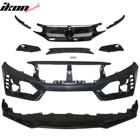 Fits 16-18 Honda Civic Type-R Front Bumper Cover & Lip Gloss Black & DRL Light