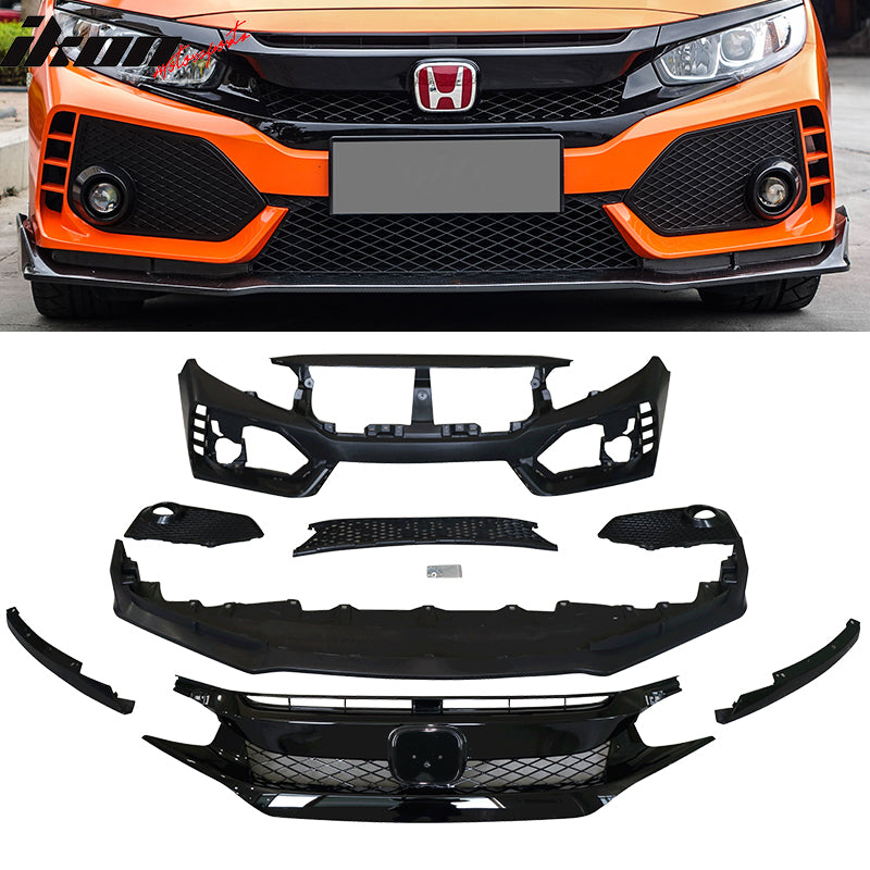 2016-2021 Honda Civic Type-R Front Bumper + Grille + Lip Gloss Black