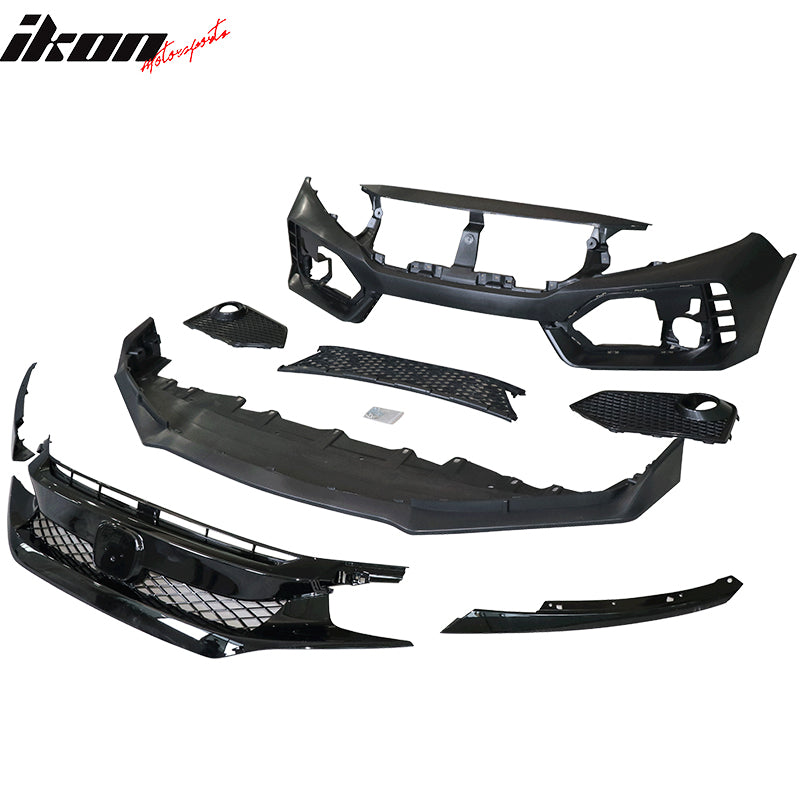 IKON MOTORSPORTS Front Bumper & Bumper Lip+ Grille Compatible With 2016-2021 Honda Civic, TR Black PP Injection & ABS 10th Gen Hood Bull Protection Boykits