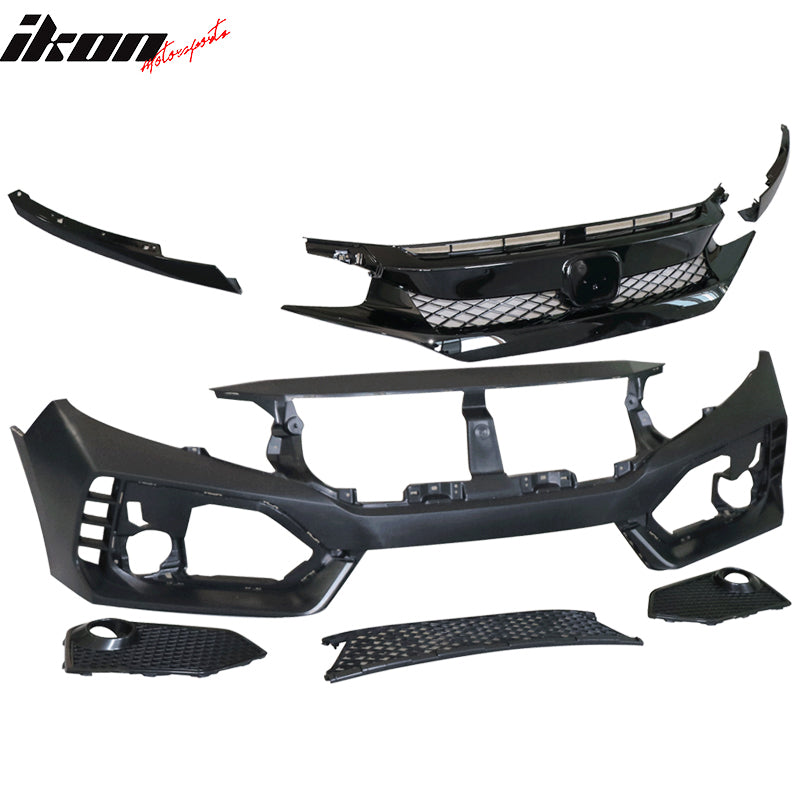 Fits 16-21 Civic Sedan Coupe Type-R Front Bumper + Grille + Lip Gloss Black
