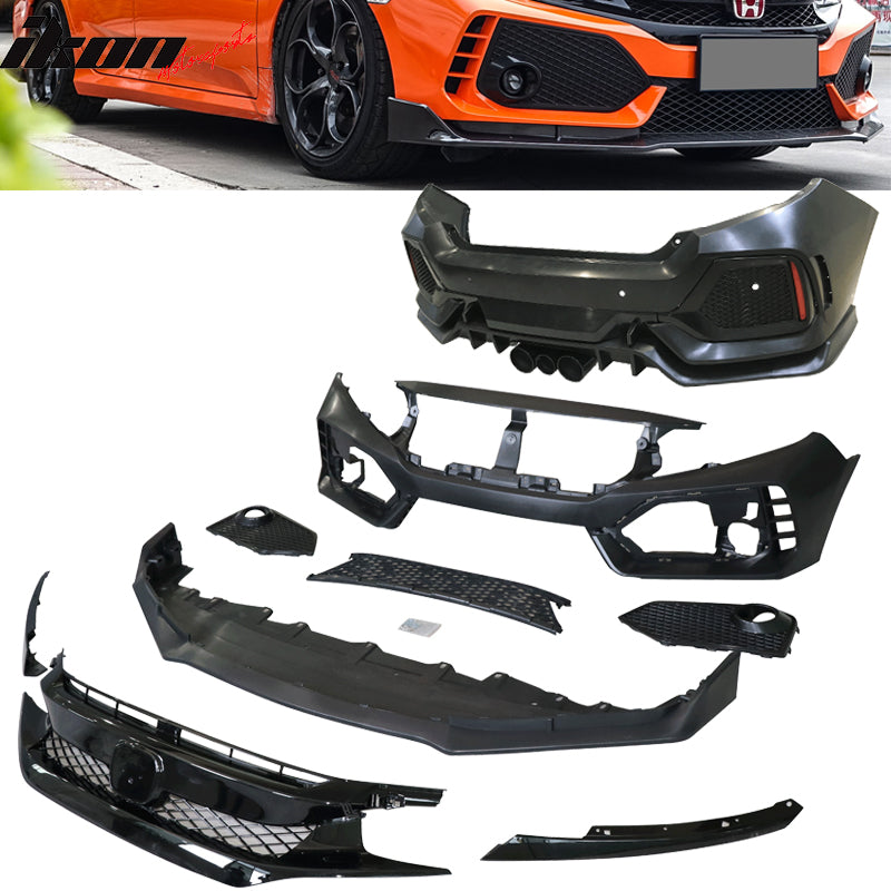 Fits 16-21 Honda Civic Sedan TR Style Front & Rear Bumper Cover W/Grille&Lip PP