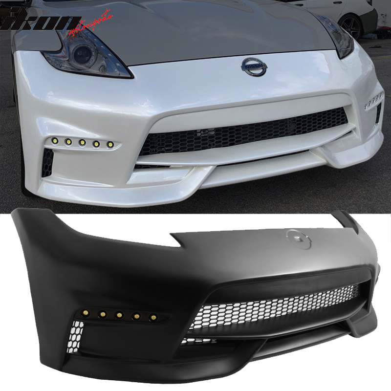 Front + Rear Bumper Cover Compatible With 2009-2020 370Z, NS Style Unpainted Black PP Front Bumper Conversion Replacement By IKON MOTORSPORTS, 2010 2011 2012 2013 2014 2015 2016 2017