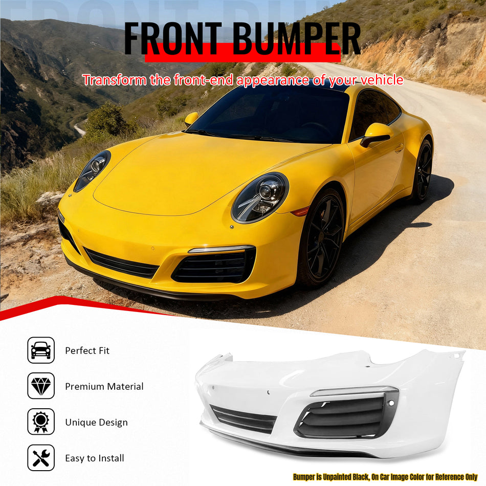 IKON MOTORSPORTS Front Bumper Covers, Compatible with 2012-2019 Porsche 911 (Upgrade 991.1 to 991.2), Factory Style Unpainted Black PP Replacement Bumper Conversion Bodykit with Daytime Running Light