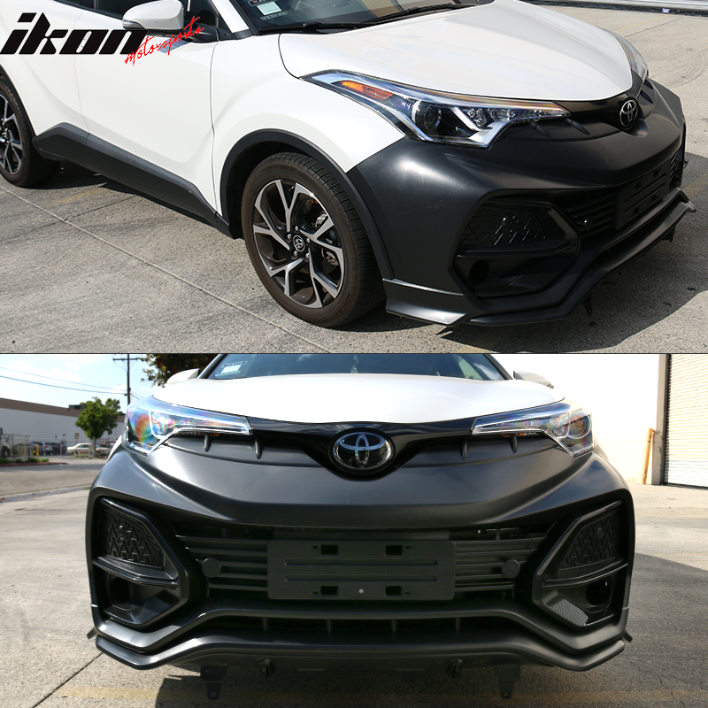 IKON MOTORSPORTS, Front Bumper Cover Compatible With 2018-2019 Toyota C-HR, Unpainted Black H Style PP Polypropylene Front Bumper Conversion Replacement