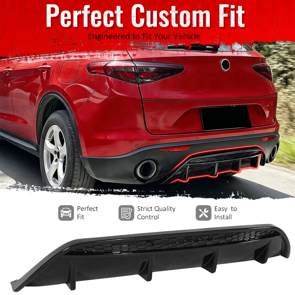 IKON MOTORSPORTS Rear Diffuser, Compatible with 2017-2026 Alfa Romeo Stelvio, V Style Gloss Black ABS Shark Fin Rear Bumper Valance Spoiler, Air Dam Chin Splitter Molding 1PC