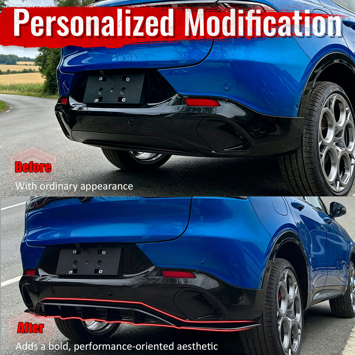 Fits 23-26 Alfa Romeo Tonale IKON Style Rear Bumper Diffuser 3PC Gloss Black ABS