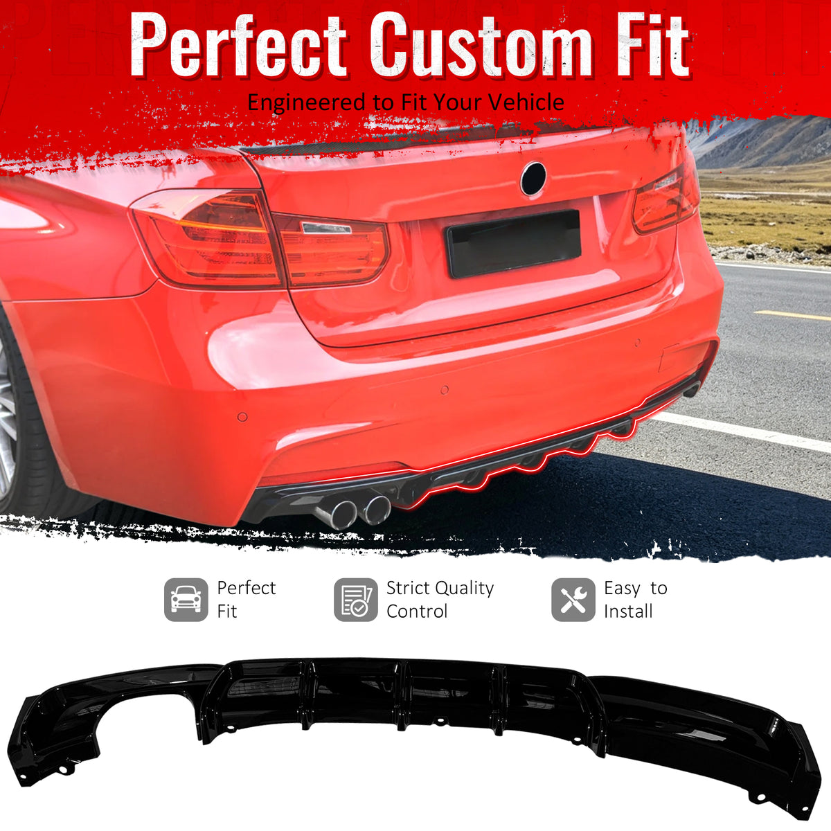 For 2012-2018 BMW 3 Series F30 F31 M Sport Rear Diffuser Lip, Gloss Black