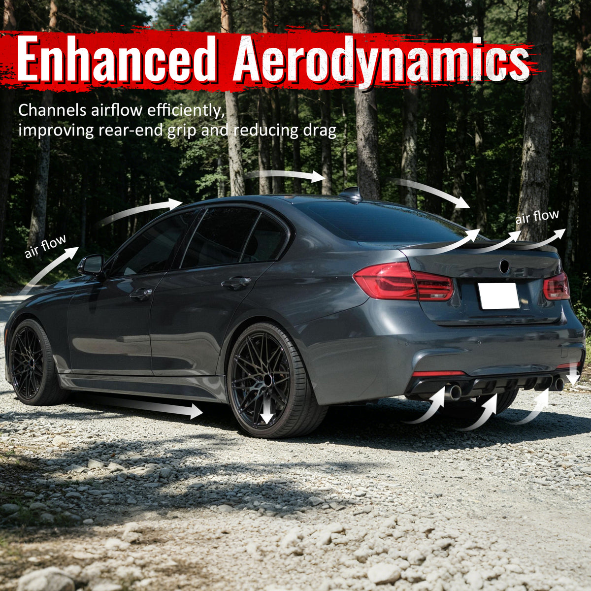 Fits 12-18 BMW 3 Series F30 F31 Gloss Black Rear Diffuser Lip Dual Side Exhaust