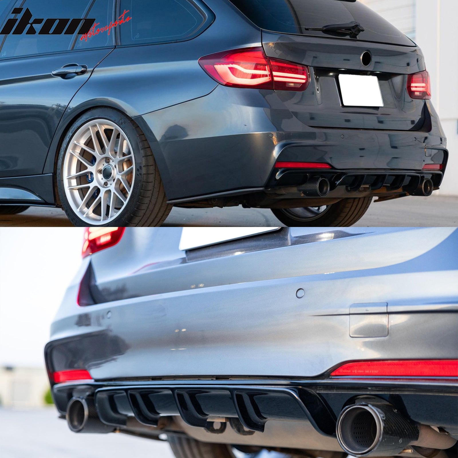 Fits 12-18 BMW 3 Series F30 F31 Gloss Black Rear Diffuser Lip Dual Side Exhaust