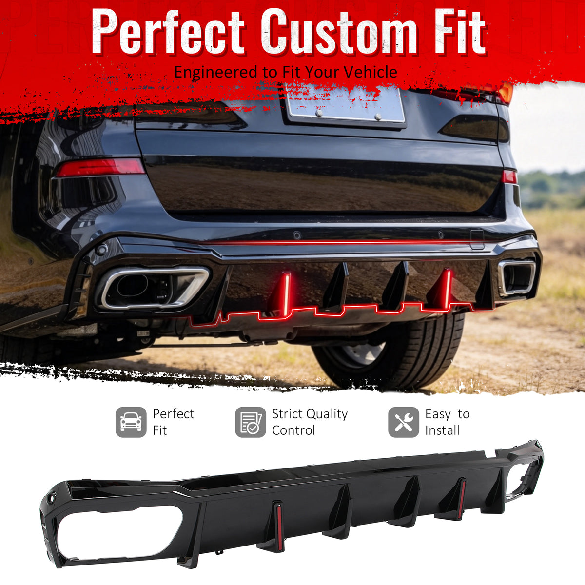 IKON MOTORSPORTS Rear Bumper Lip W/ Brake Light, Compatible with 2019-2026 BMW X5 G05 sDrive40i/XDrive40i/xDrive50e/xDrive50i/xDrive45e/M50i/M60i, Gloss Black PP Shark Fin Rear Lower Spoiler Splitter