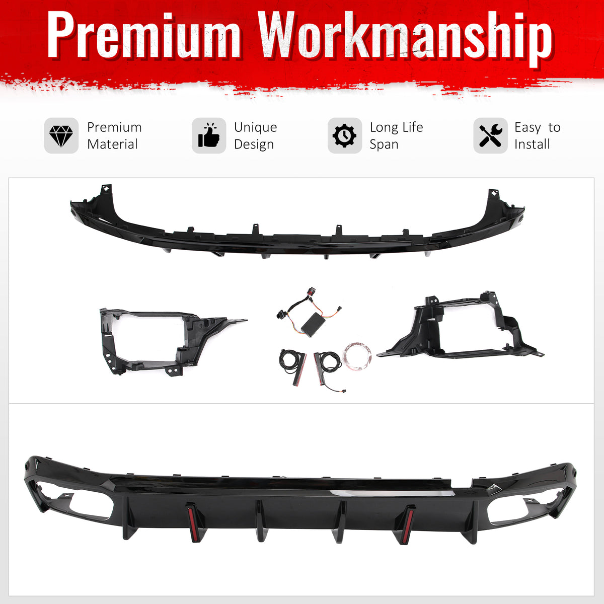 For 19-26 BMW X5 G05 M Sport IKON Rear Bumper Diffuser Lip W/ LED PP Gloss Black