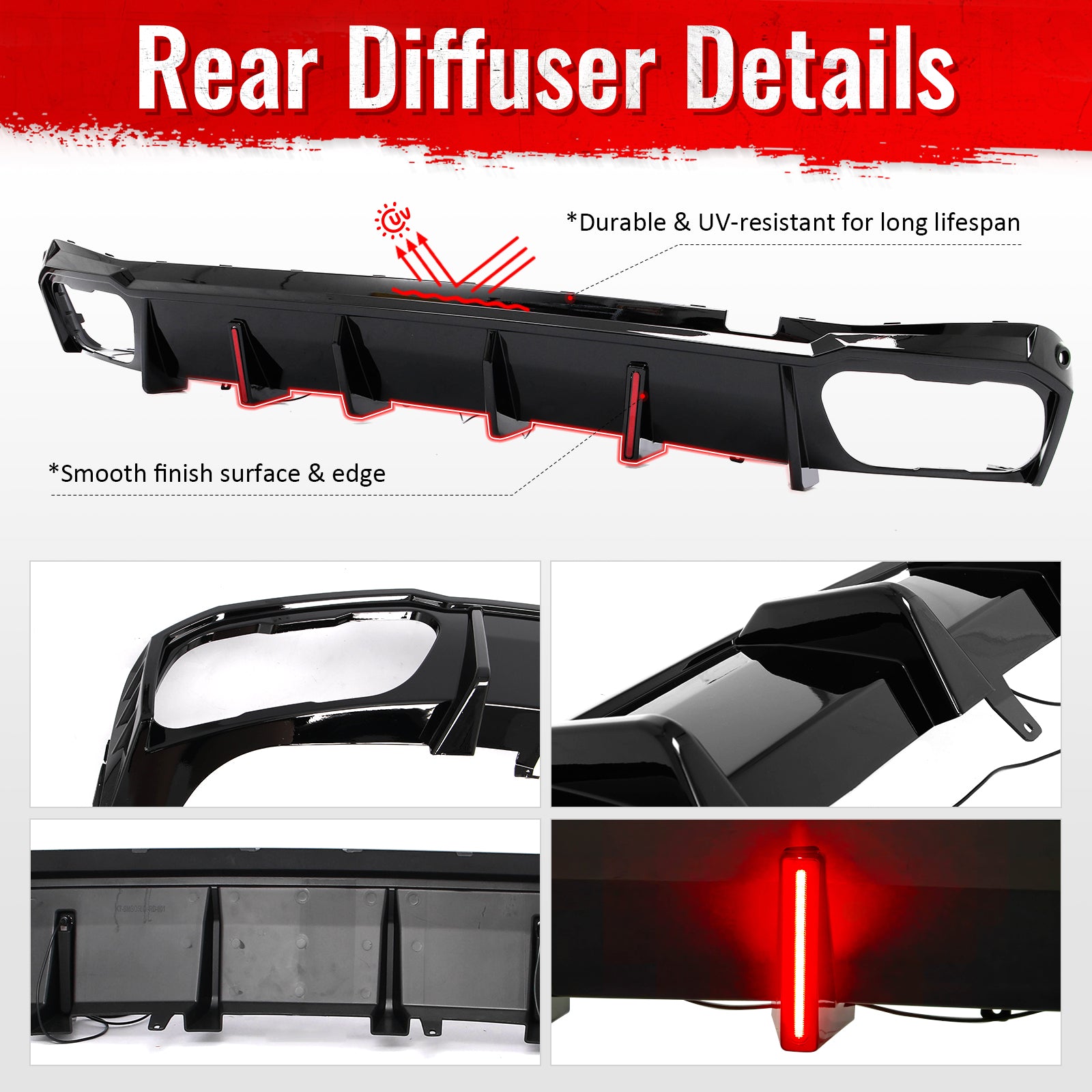 For 19-26 BMW X5 G05 M Sport IKON Rear Bumper Diffuser Lip W/ LED PP Gloss Black