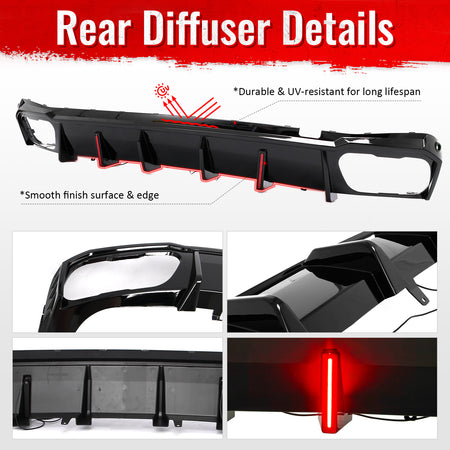 For 19-26 BMW X5 G05 M Sport IKON Rear Bumper Diffuser Lip W/ LED PP Gloss Black