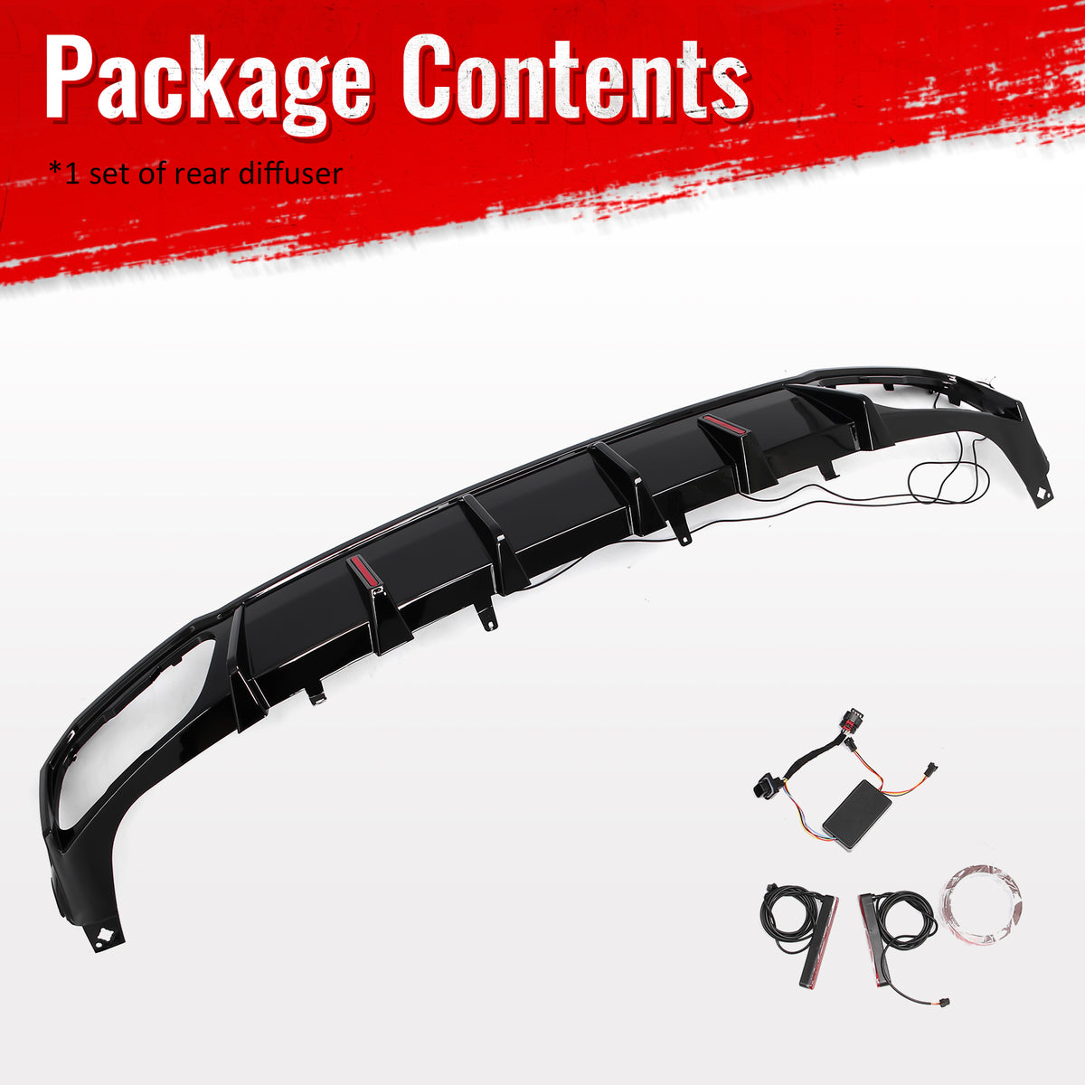 For 19-26 BMW X5 G05 M Sport IKON Rear Bumper Diffuser Lip W/ LED PP Gloss Black
